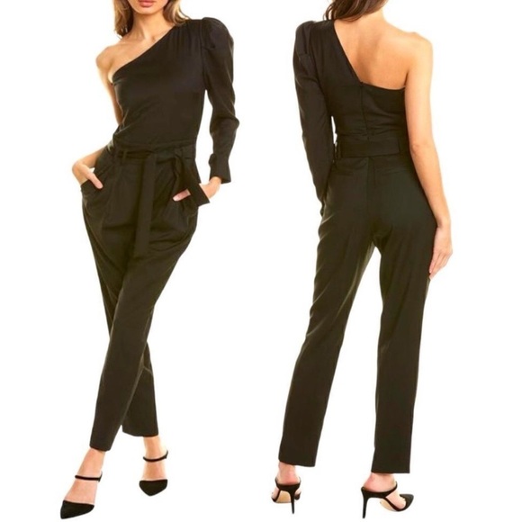 IRO Harabel Wool One Shoulder Puff Sleeve Belt Tailored Pleated Jumper Jumpsuit - Picture 2 of 15